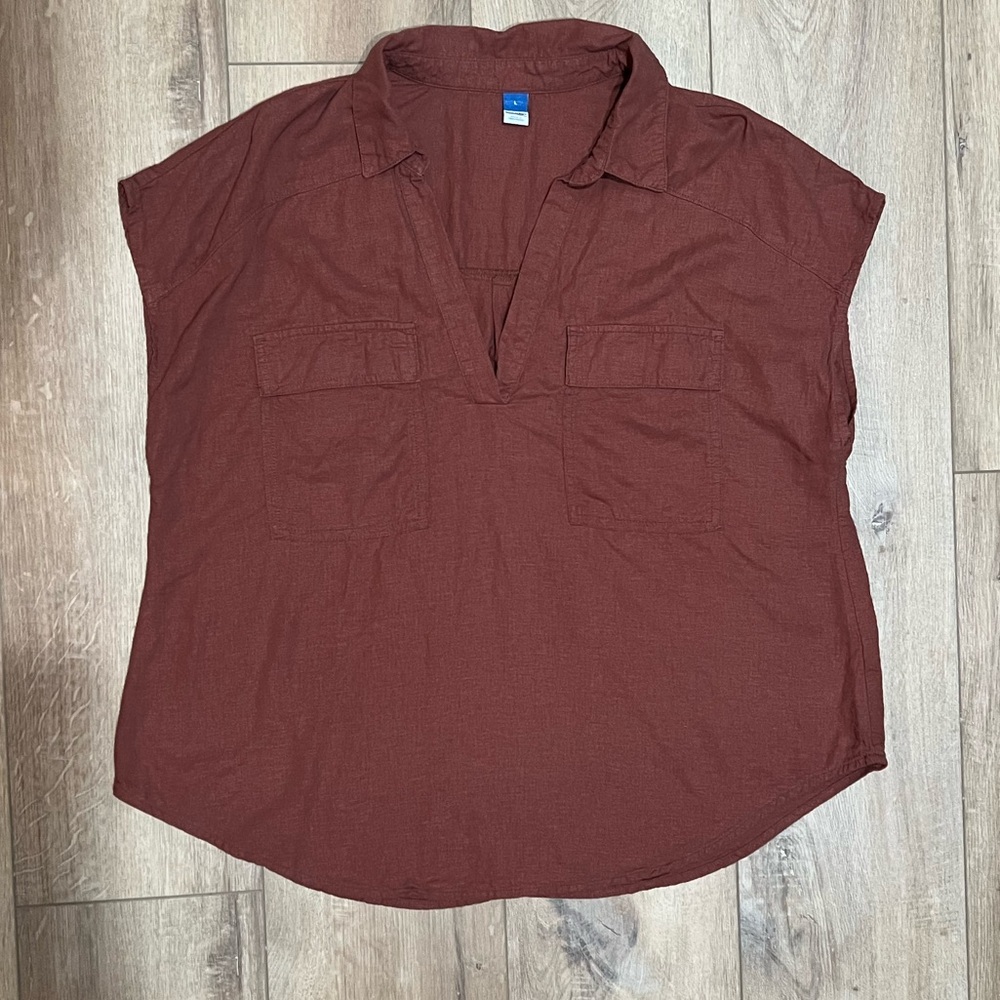 Old Navy Terracotta Maroon V-Neck Linen Blend Top Large